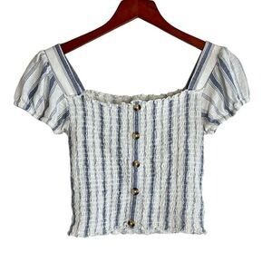 Mudd Womens Striped Button Front Smocked Puff Sleeve Top White Blue Size Small